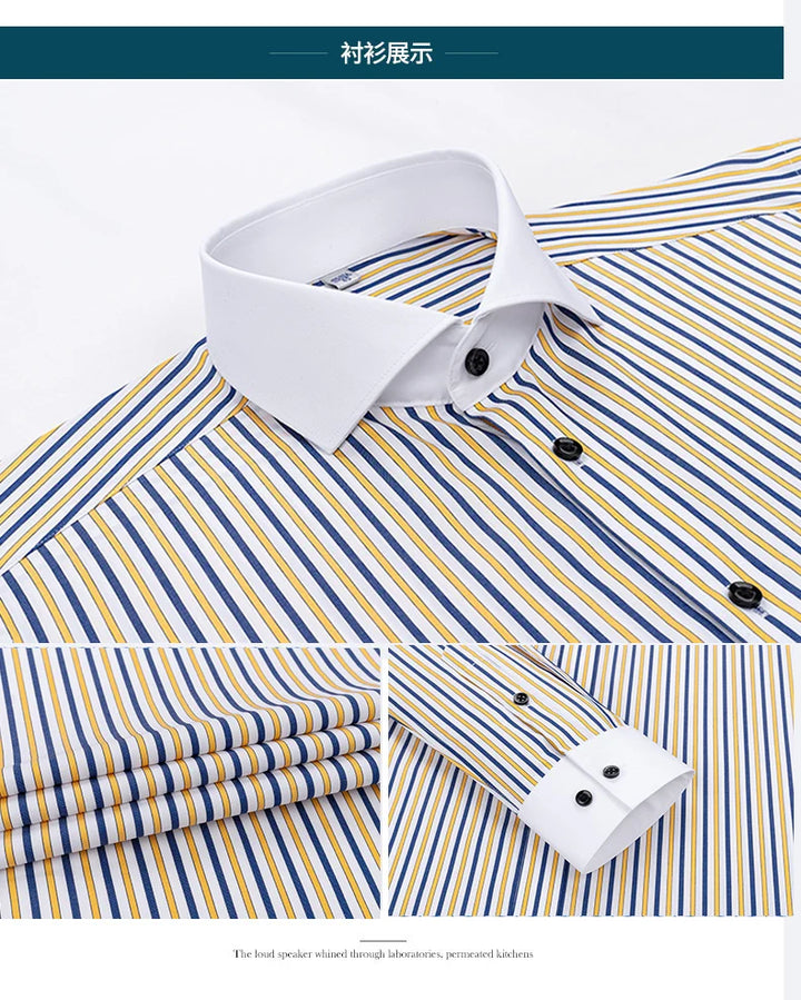 Men's shirt long sleeved slim fit striped Windsor collar contrasting color collar business casual one line collar shirt