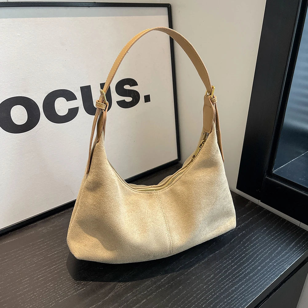 Vintage Women’s Suede Handbag – Designer Crescent Hobo Crossbody Bag