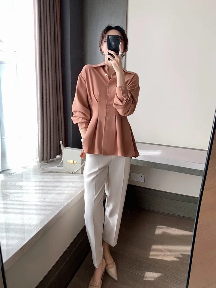 Elegant Women Shirts Woman Waist Long Sleeve Lapel Single Breasted Sashe Shirt Office Lady Business Pleated Ruched Blouses Tops