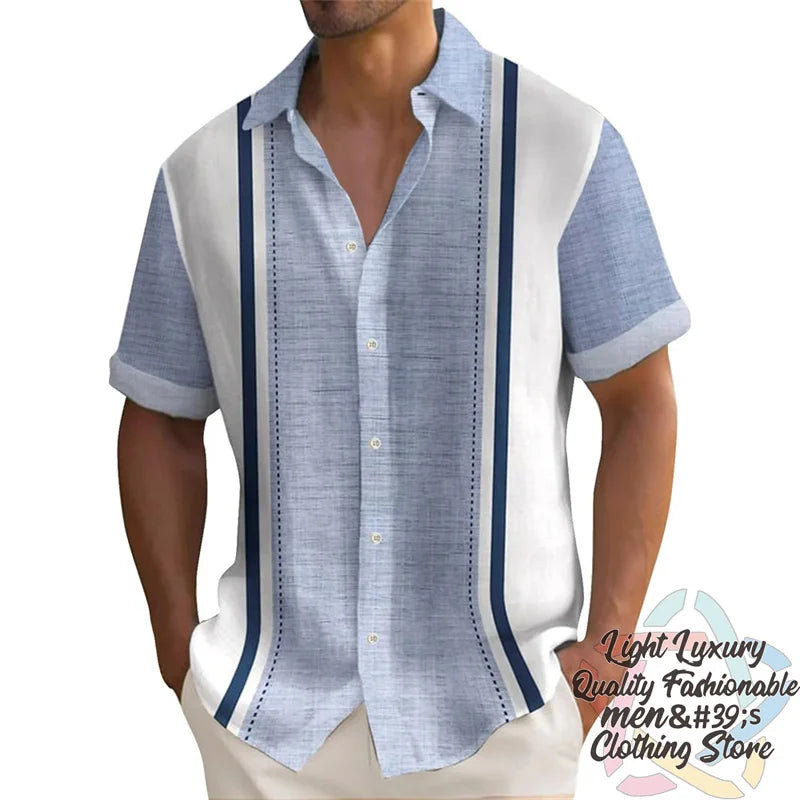 Men's shirts Summer striped linen print shirts Casual short-sleeved button Hawaiian shirts Oversized men's tops outfit collar