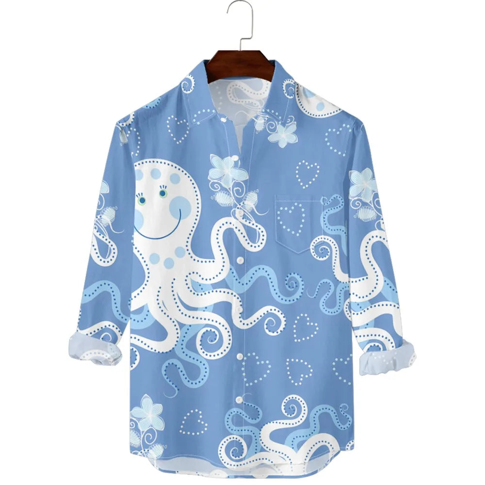 قميص رجالي مطبوع عليه سمك هاواي - قميص كاجوال بأكمام طويلة