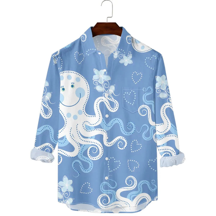 قميص رجالي مطبوع عليه سمك هاواي - قميص كاجوال بأكمام طويلة