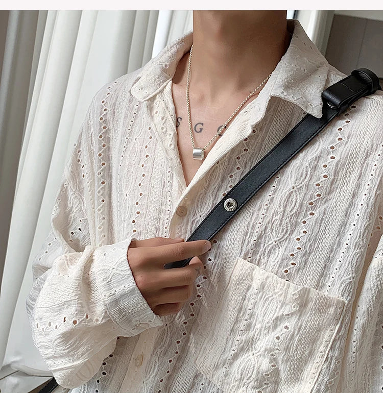 قميص رجالي شبكي مثير - ياقة عريضة، أكمام طويلة أنيقة