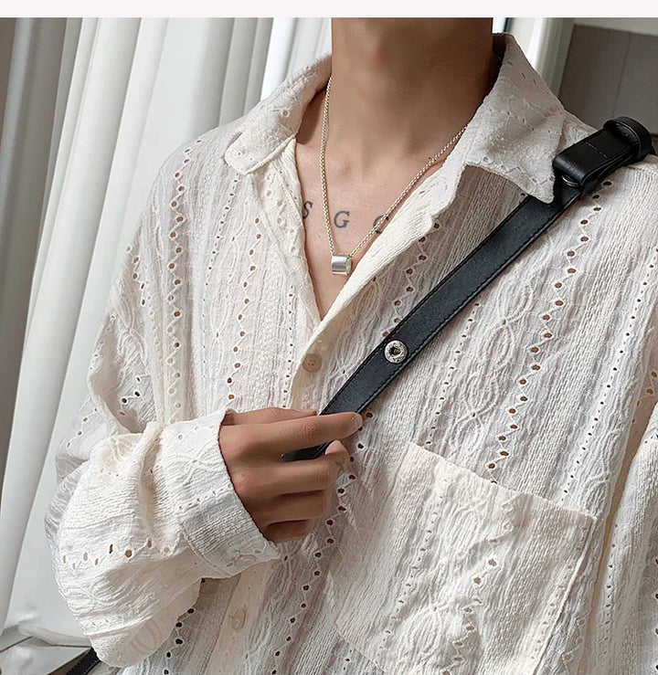 قميص رجالي شبكي مثير - ياقة عريضة، أكمام طويلة أنيقة