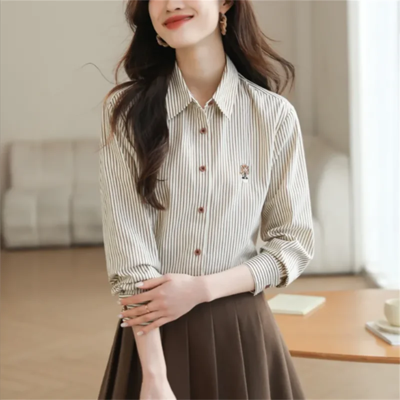 Loose Striped Shirts For Women Embroidered Blouse Spring Autumn Woman Clothes Blous Button Top Fashion Elegant Youth Female Tops