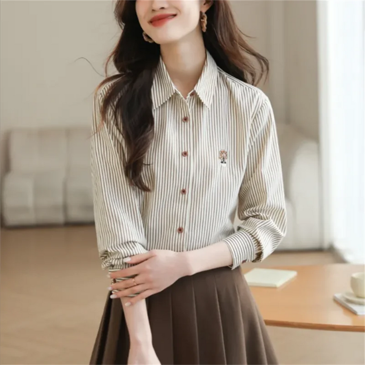Loose Striped Shirts For Women Embroidered Blouse Spring Autumn Woman Clothes Blous Button Top Fashion Elegant Youth Female Tops