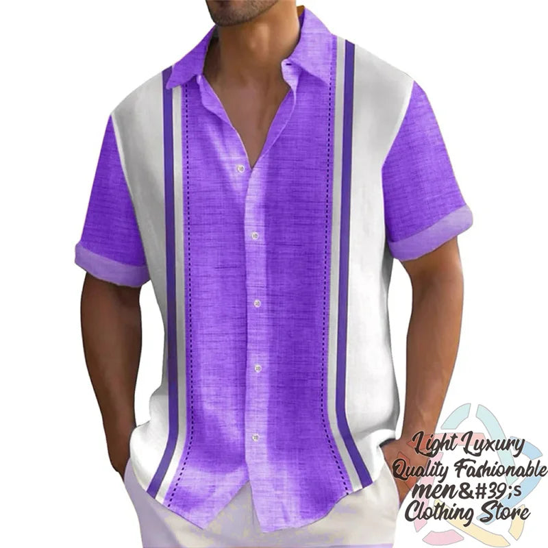 Men's shirts Summer striped linen print shirts Casual short-sleeved button Hawaiian shirts Oversized men's tops outfit collar