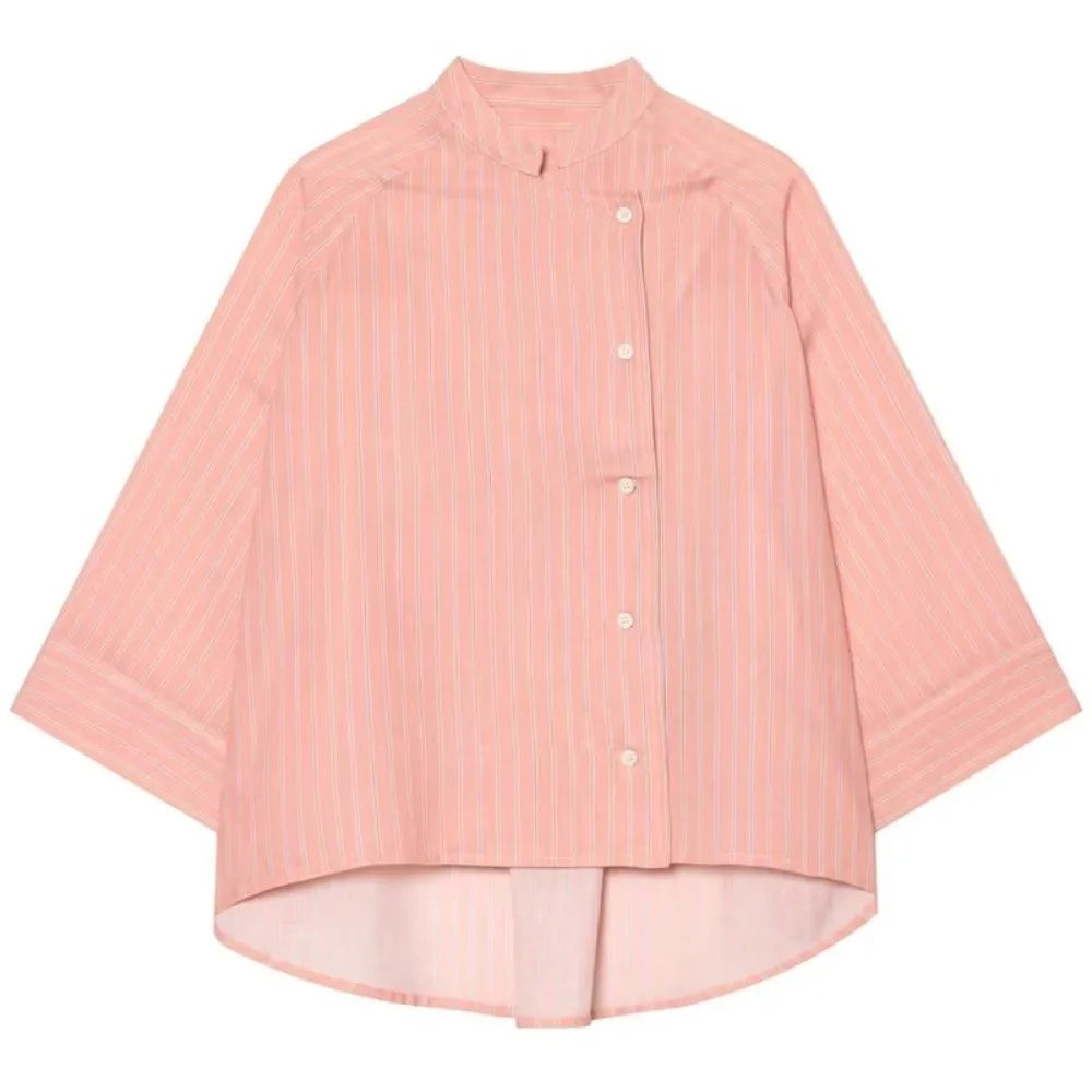 Striped Loose Striped Shirt Elegant Mid Sleeve Button Tops European American Style Asymmetric Casual Blouse for Woman