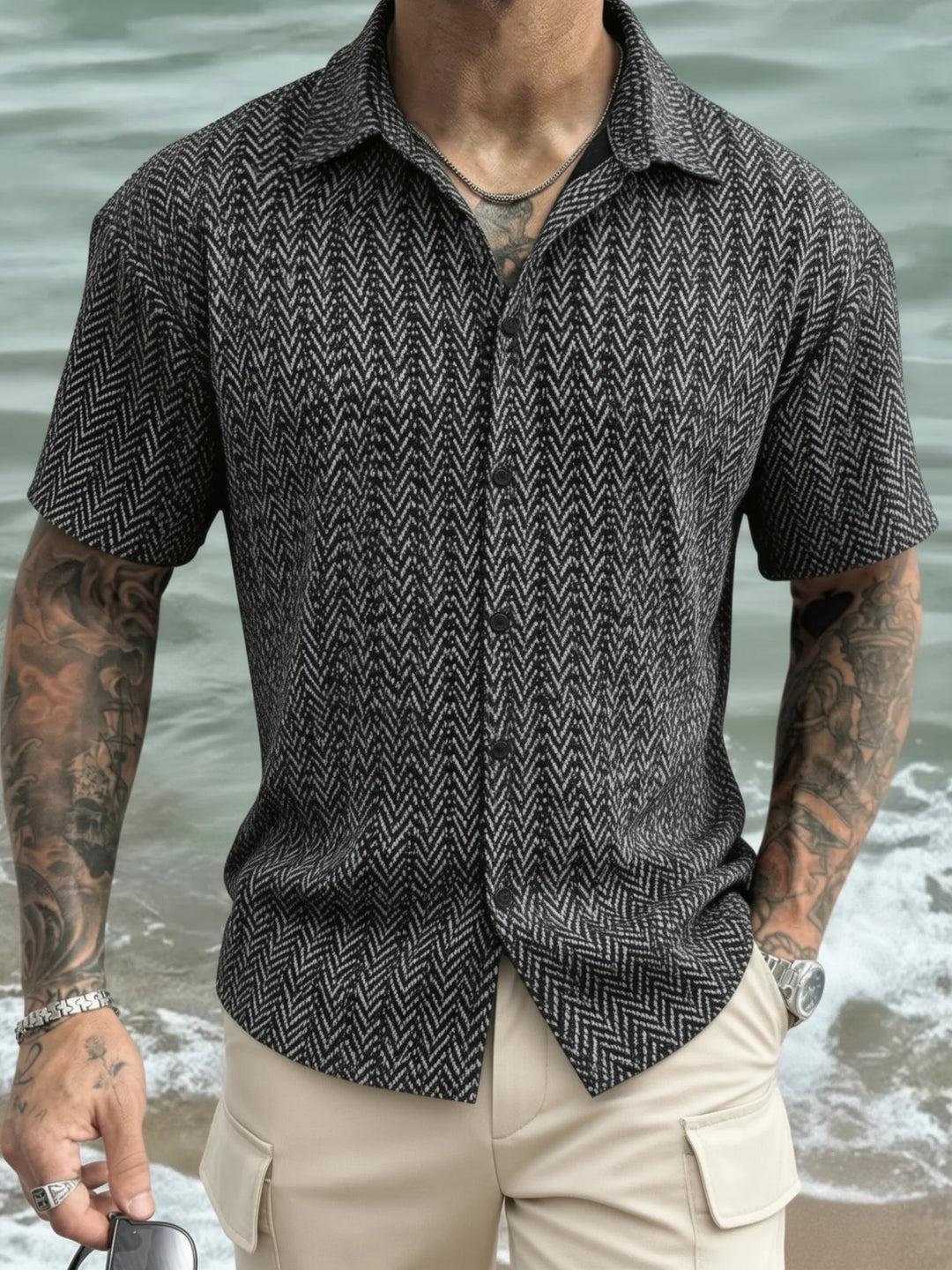 Men's Summer Herringbone Short Sleeve Shirts Casual Loose Turn-Down Collar Sweater Tops Cross-Border Men's Fashion
