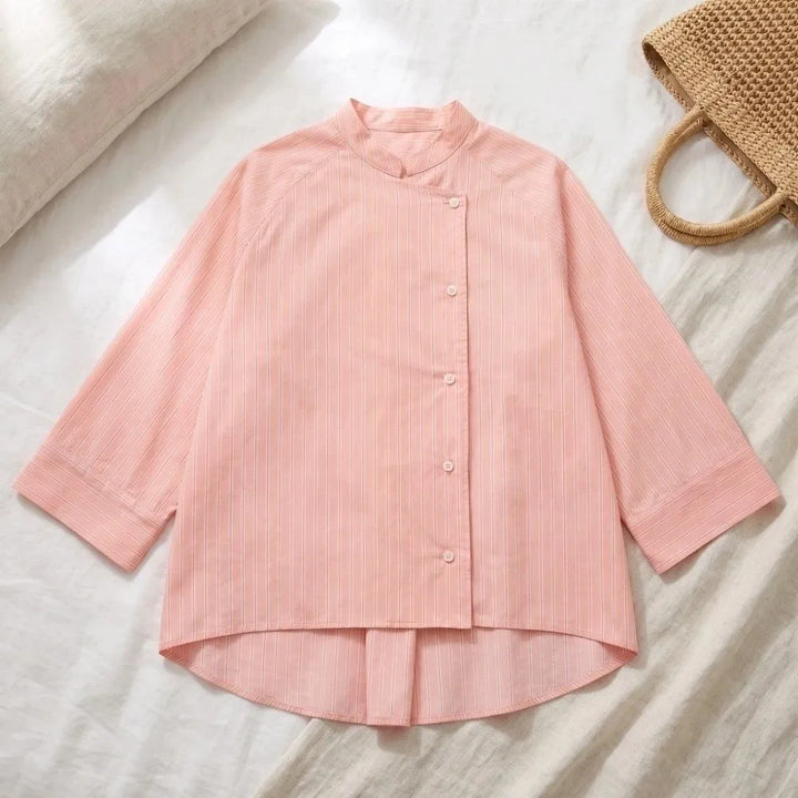 Striped Loose Striped Shirt Elegant Mid Sleeve Button Tops European American Style Asymmetric Casual Blouse for Woman