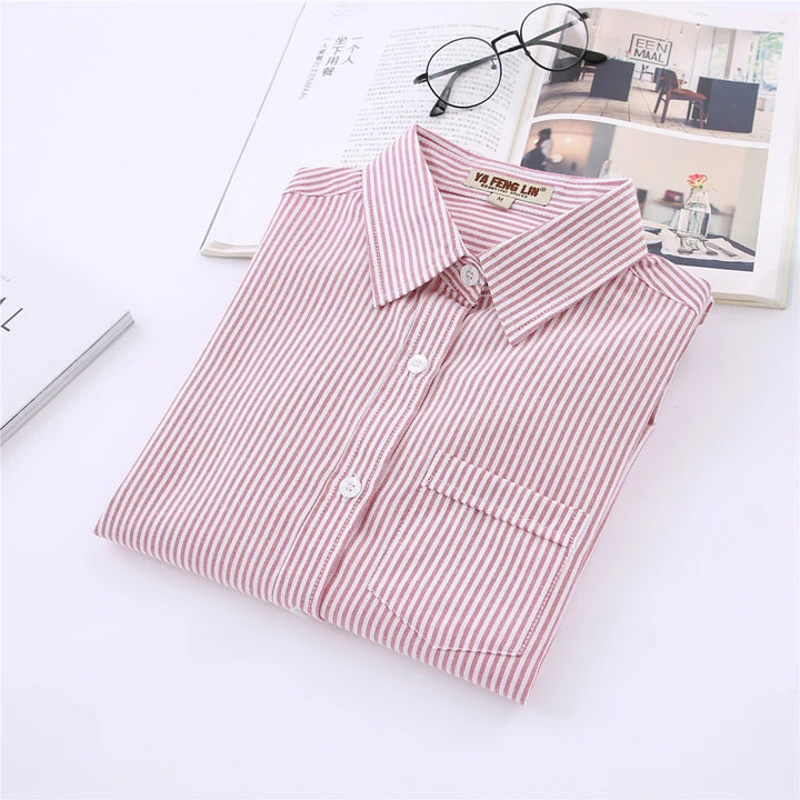 White Blue Pink Striped Shirt Women 2024 Spring New Simple Casual Long Sleeves Blouses and Tops Office Fashion Ladies Clothes