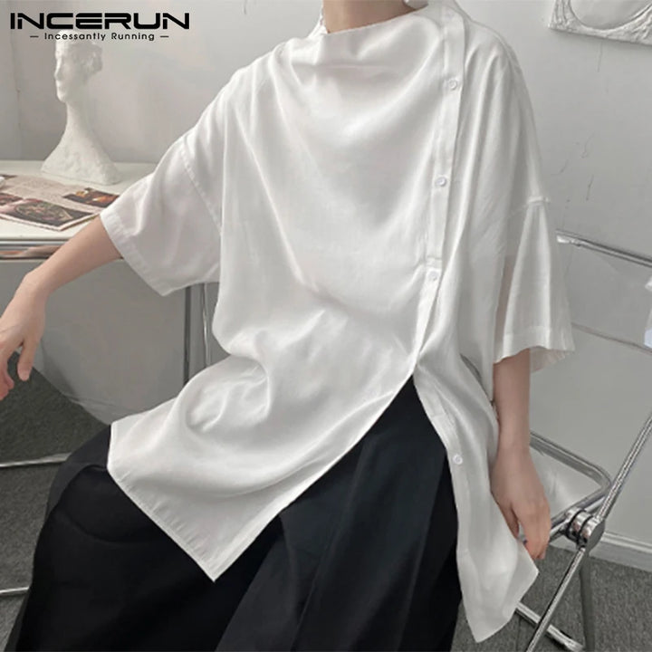 Handsome Well Fitting Men's Casual Shirts Solid Color Turtleneck Half Sleeve Button Up Camisa Masculina S-5XL INCERUN Tops 2023