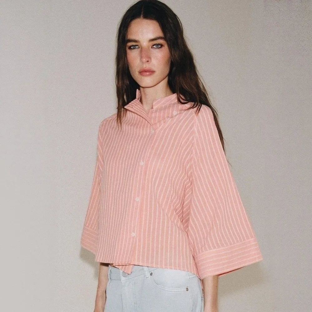 Striped Loose Striped Shirt Elegant Mid Sleeve Button Tops European American Style Asymmetric Casual Blouse for Woman