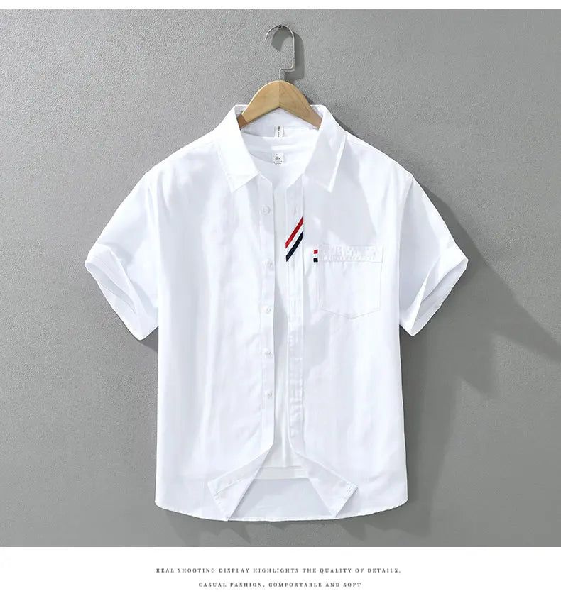 Men's 100% Cotton Short-Sleeve Shirt – Classic Turn-Down Collar, Slim Fit with Chest Pocket & Striped Detail