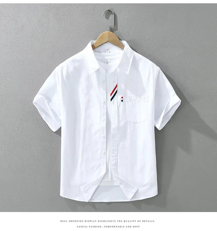 Men's 100% Cotton Short-Sleeve Shirt – Classic Turn-Down Collar, Slim Fit with Chest Pocket & Striped Detail