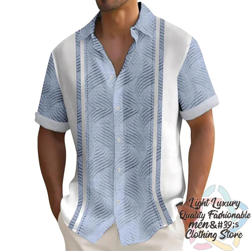 Men's shirts Summer striped linen print shirts Casual short-sleeved button Hawaiian shirts Oversized men's tops outfit collar