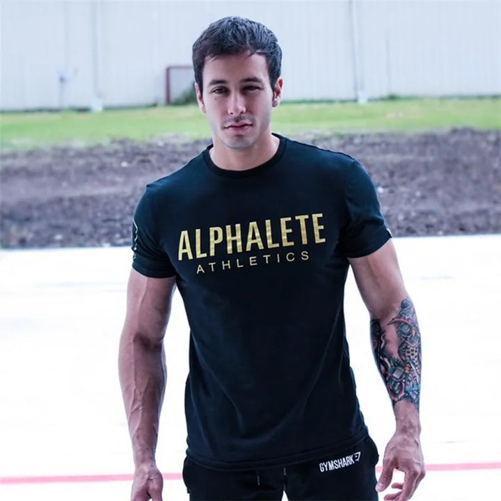 Men Muscle Shirts Cotton Elastic Slim Fit for Men Workout Casual Bodybuilding T-shirt Letter Printed