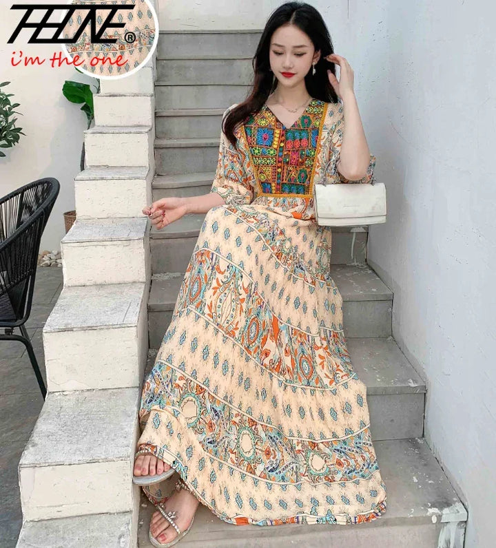 Women’s Indian Summer Dress – Embroidered Elegant Maxi Party & Beach Dress