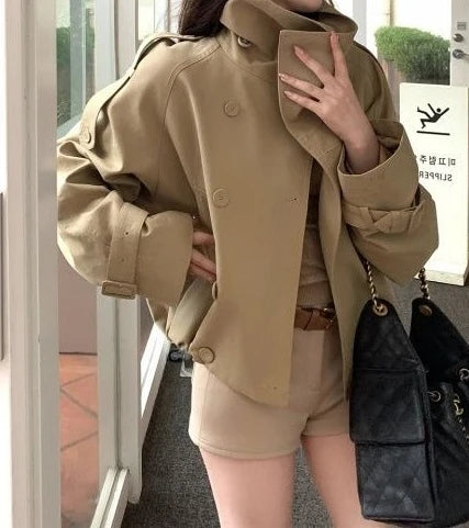 Khaki Standing Collar Short Windbreaker for Women 2025 New High-end Double Breasted Jacket
