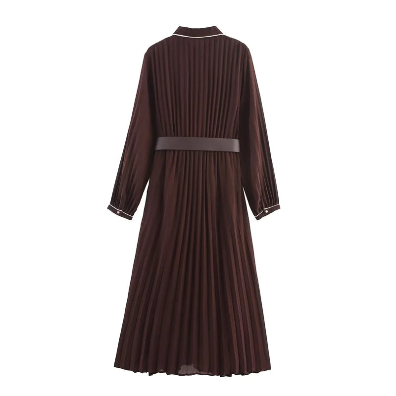 Women’s Fall 2025 Russet Pleated Midi Dress with Belt