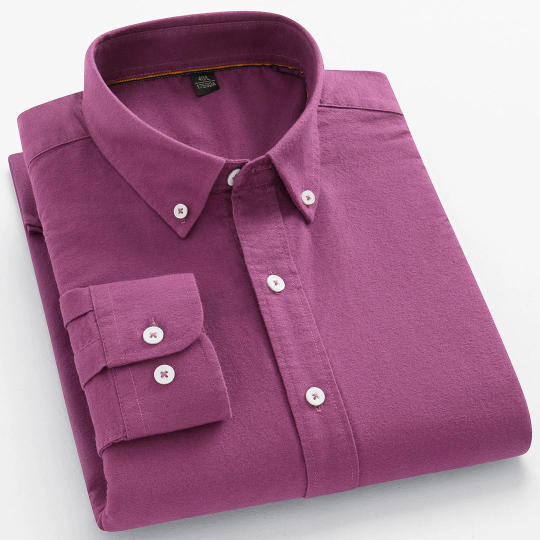 100% Cotton Brushed Long Sleeve Shirts for Men Slim Fit Casual Plain Shirt Solid Color Fashion Korean Popular Tops Red Clothes