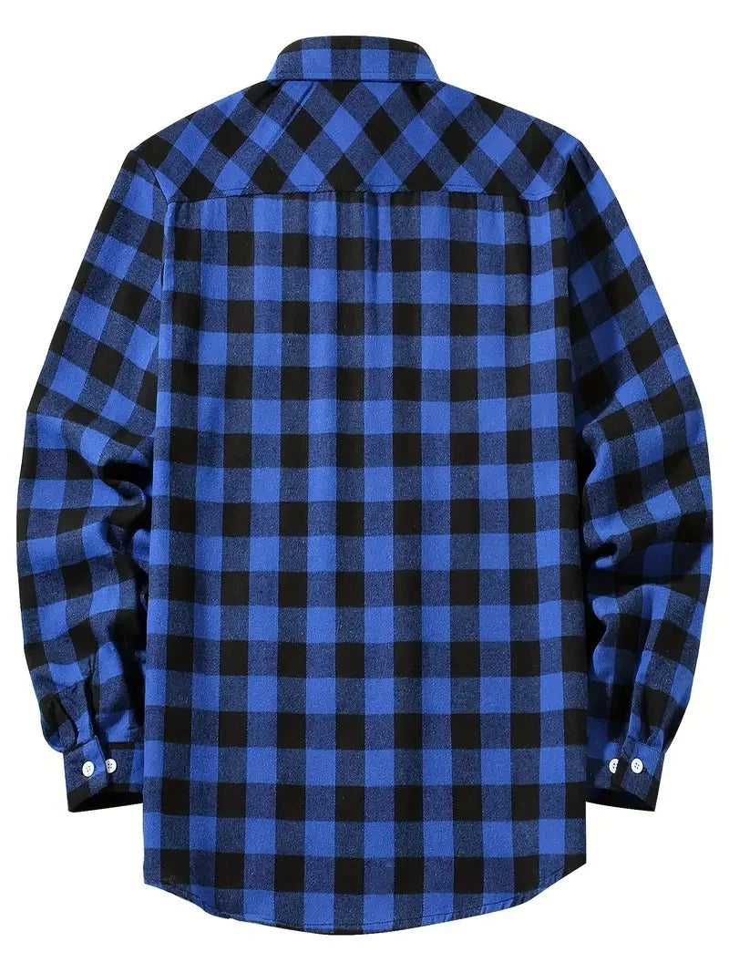 Mens Shirts Fashion Classic Plaid Cardigan Casual Shirt Long Sleeve Chest Two Pockets Turn-Down Collar Spring Autumn Men Tops