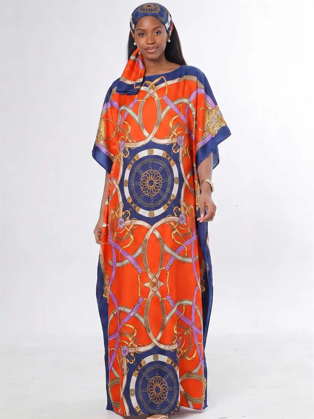 Women Muslim Kaftan Abaya With Matching Hijab Scarf Chain Print Maxi Dress Loose Batwing Sleeve Long Robe Set For Malay