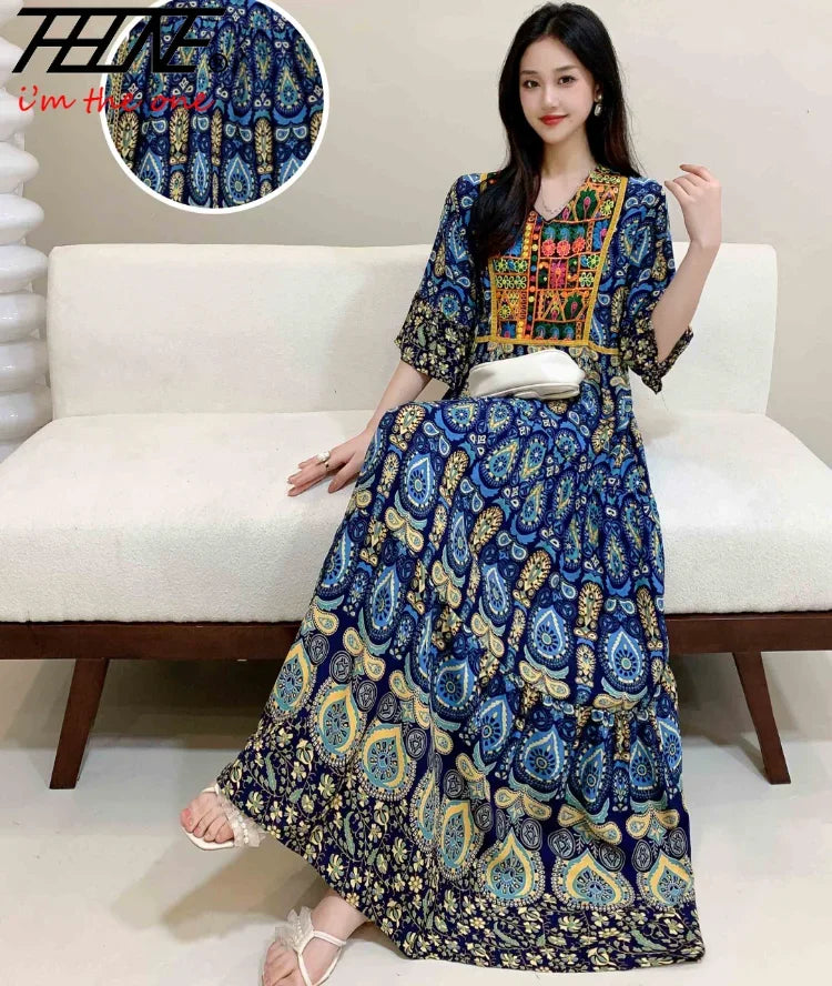 Women’s Indian Summer Dress – Embroidered Elegant Maxi Party & Beach Dress