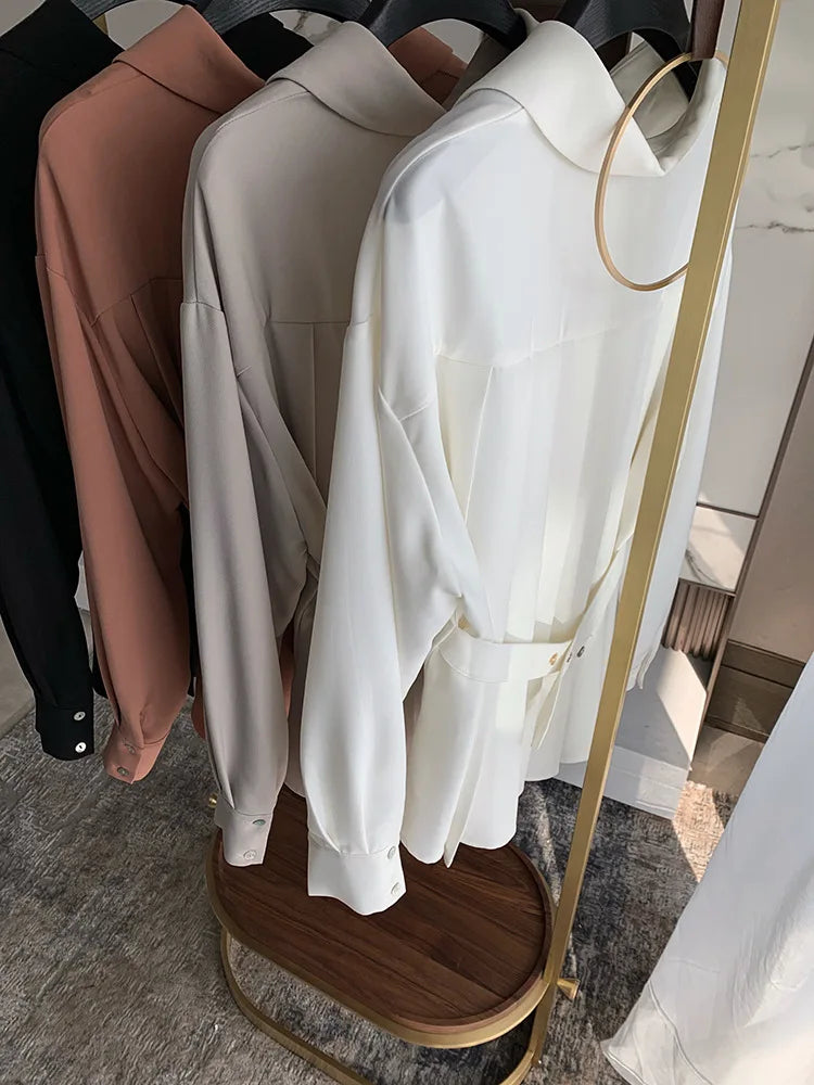 Elegant Women Shirts Woman Waist Long Sleeve Lapel Single Breasted Sashe Shirt Office Lady Business Pleated Ruched Blouses Tops
