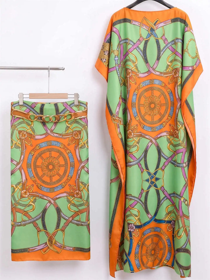 Women Muslim Kaftan Abaya With Matching Hijab Scarf Chain Print Maxi Dress Loose Batwing Sleeve Long Robe Set For Malay