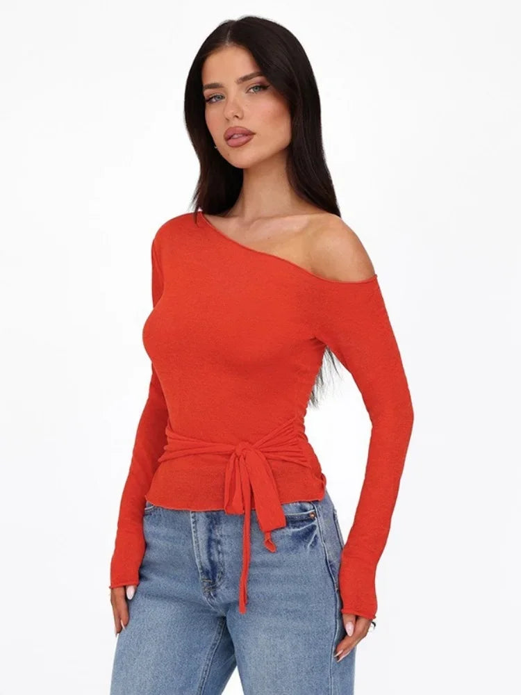One Shoulder T Shirts For Women Aesthetic Clothes Sashes Crop Top Y2k Accessories Long Sleeve Lady Tshirt Ropa Mujer Camisetas