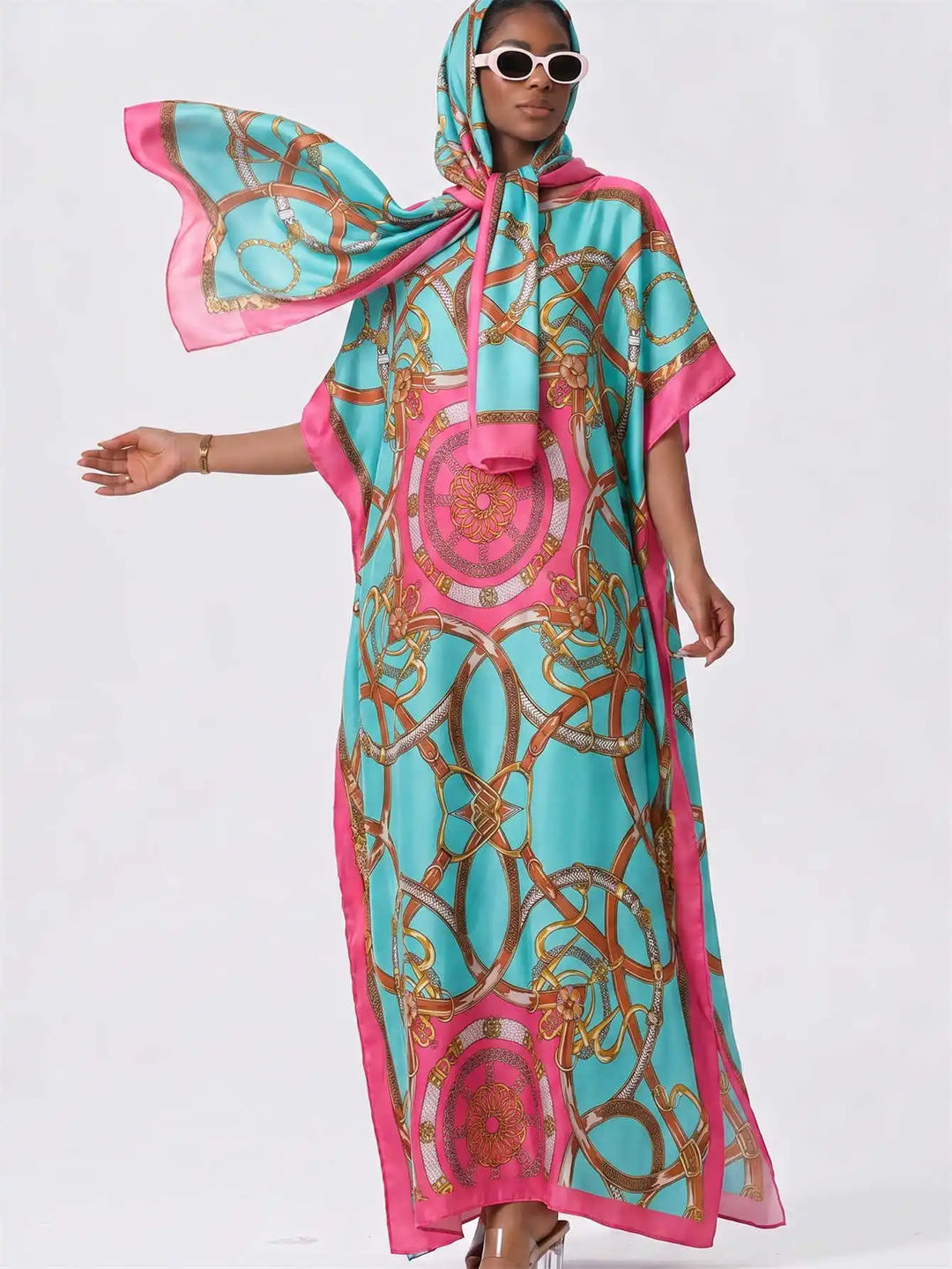 Women Muslim Kaftan Abaya With Matching Hijab Scarf Chain Print Maxi Dress Loose Batwing Sleeve Long Robe Set For Malay