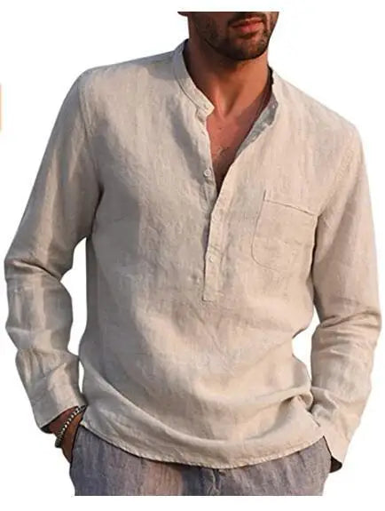 Linen Shirt Men Brief Breathable Comfy Solid Color Long Sleeve Loose Harajuku Casual Blouse Hawaiian Shirt Camisa Masculina 2022