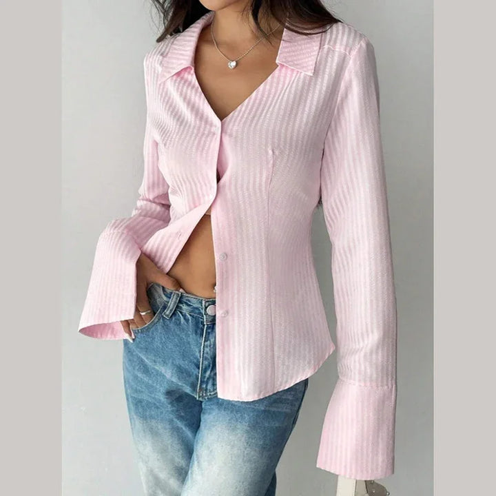 Pink Striped Shirt Women Sexy Turn Down Collar Spring Autumn Chic Blouse Fall Fashion Long Sleeve Single Breasted Slim Tops New
