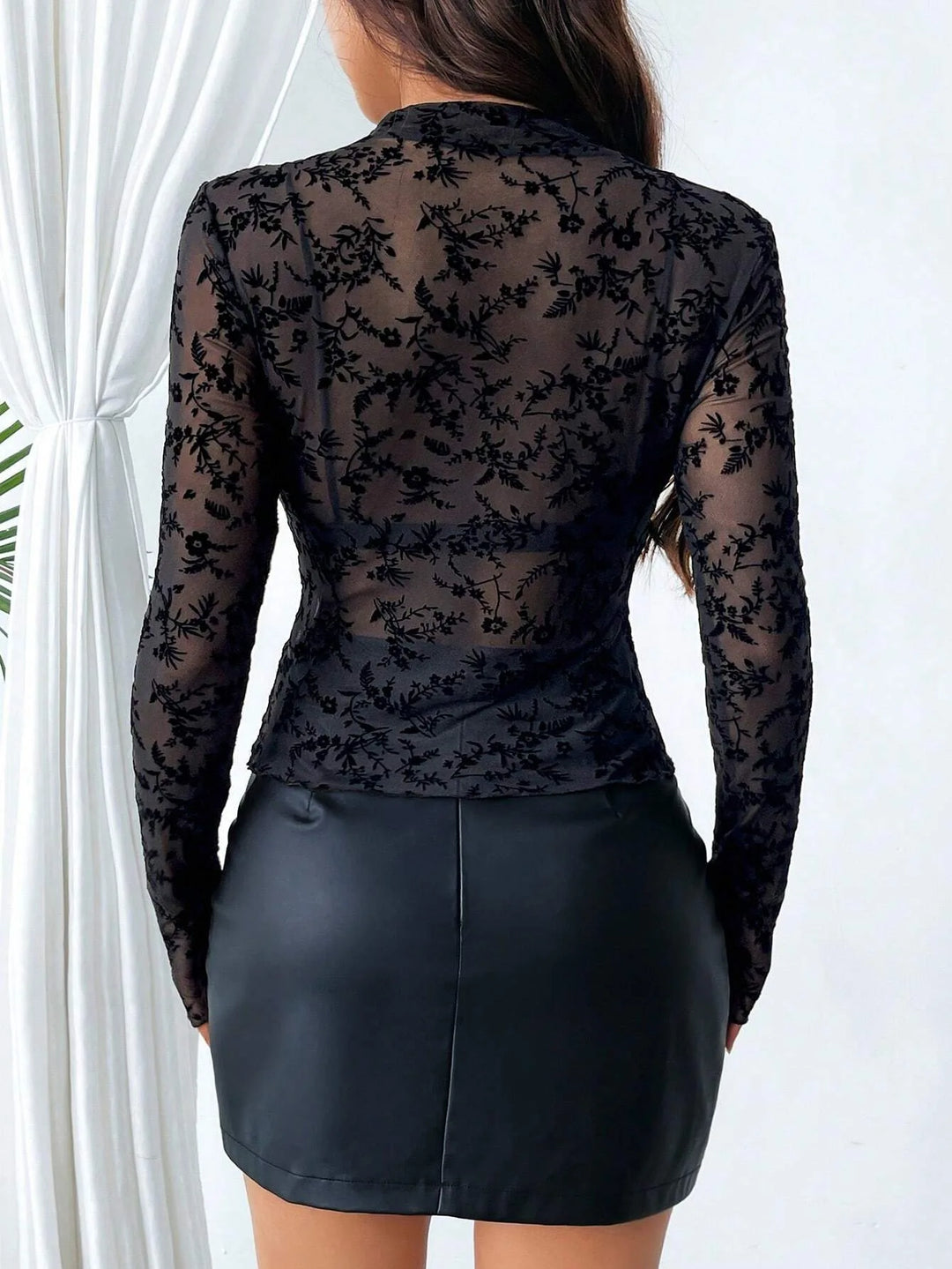 Women’s Sexy Mesh Top – Long Sleeve Floral Sheer Blouse