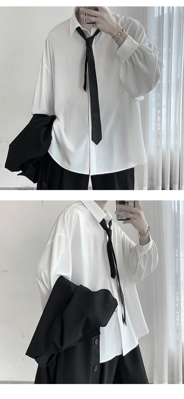 Korean Style Men's Long-sleeved Shirts Black Tie Cozy Casual Solid Oversize Blouses Breathable Loose Shirt Harajuku Male Clothes