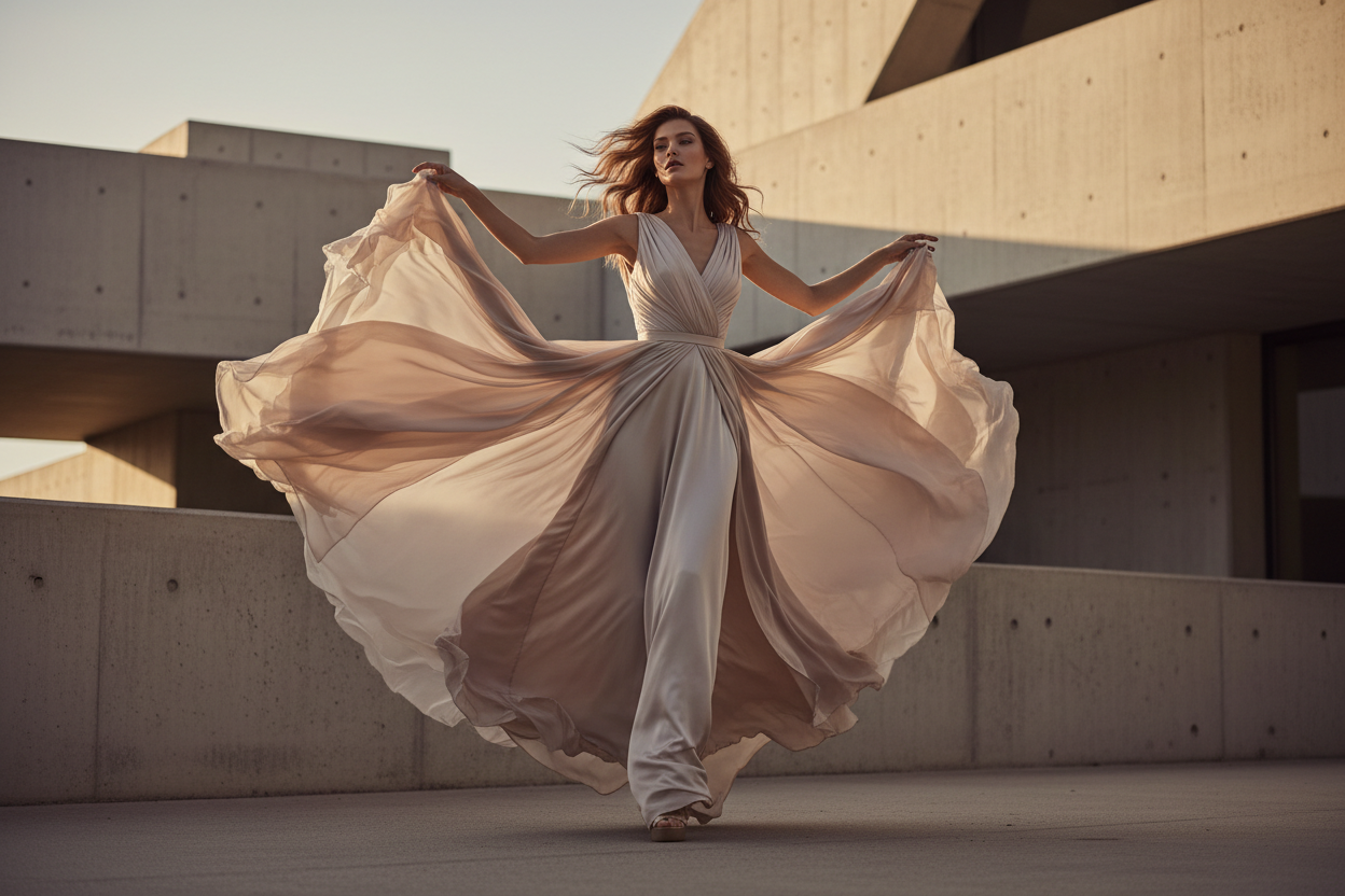 Cinematic editorial fashion photograph of a woman in a soft neutral flowing dress, captured from a low angle in motion. Wind-swept hair, graceful movement, modern concrete architecture, warm golden hour lighting, minimal pastel color palette, soft shadows, luxury brand campaign aesthetic, ultra-high-resolution, shallow depth of field, no text, no logos. hd