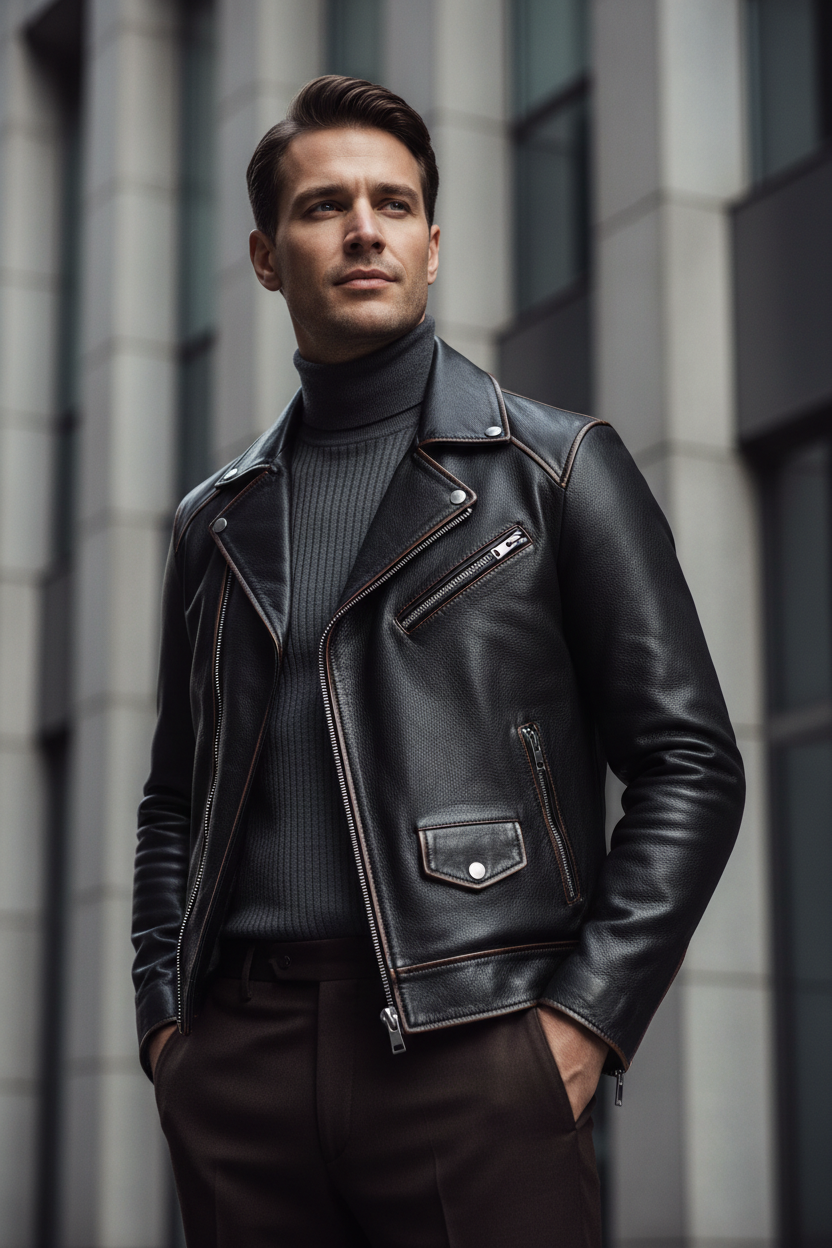 Cinematic fashion editorial image showcasing a new arrival men’s leather jacket, worn by a male model in a confident, natural pose. Focus on the jacket’s texture, stitching, and structure. Minimal styling with neutral tones to highlight the leather. Modern urban or architectural background, soft directional lighting, rich contrast, masculine luxury aesthetic, shallow depth of field, ultra-high-resolution 4K, HD quality, no text, no logos.