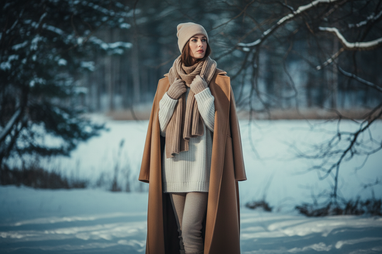 Cinematic winter fashion portrait, elegant woman in layered neutral winter outfit, soft knit and wool textures, dramatic moody lighting with gentle shadows, cool winter color grading, shallow depth of field, outdoor seasonal background, film-style composition, ultra-realistic, 4K quality, no text, no logos